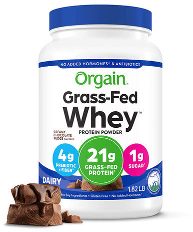 Orgain Grass Fed Whey Protein Powder Creamy Chocolate Fudge 21g of Protein Low Net Carbs Gluten Soy No Sugar Added Kosher NonGMO 1.82 Lb Packaging May Vary