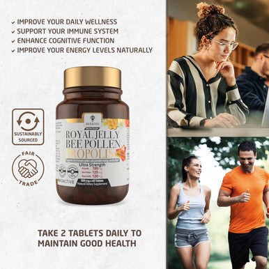 Bee And You Royal Jelly Tablet, Propolis Extract, Bee Pollen, 100% Natural Superfood, Ultra Pure, Immune Support Supplement, Improve Energy, Focus, Antioxidants, Fresh, Keto, Paleo, Gluten- 60Ct