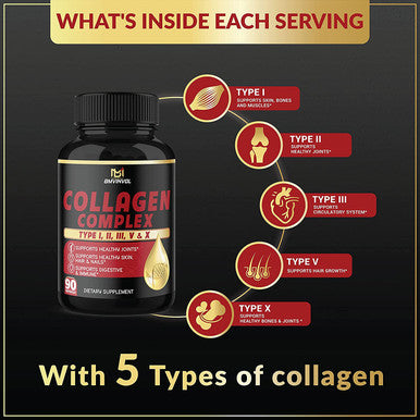 Collagen Capsules Type I II III V X 90 Collagen Pills Manufactured in USA Supports Healthy Joints Skin Care Hair Growth Nails Collagen Supplements for Women Men