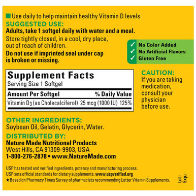 Nature Made Vitamin D3 300 Softgels Vitamin D 1000 Iu (25 Mcg) Helps Support Immune Health Strong Bones And Teeth & Muscle Function 125% Of The Daily Value For Vitamin D In Only One Daily Softgel