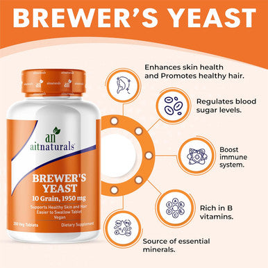 Aitnaturals Brewer's Yeast Tablets - 200 Tablets 1950mg | Supports healthy skin & hair Digestive and Immune Function Nutrient Balance Regulate blood sugar levels | Non-GMO Vegan Gluten-