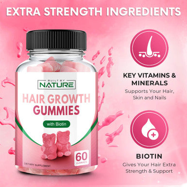 Built Nature Hair Vitamins - Ultra Strength Biotin 5000 Mcg With Vitamins C, E, D & B12 - Supports Hair Growth, Strength & Health - Vegetarian, Non-Gmo, Gluten-Free Gummy Supplement - Biotin For Women, 60 Gummies