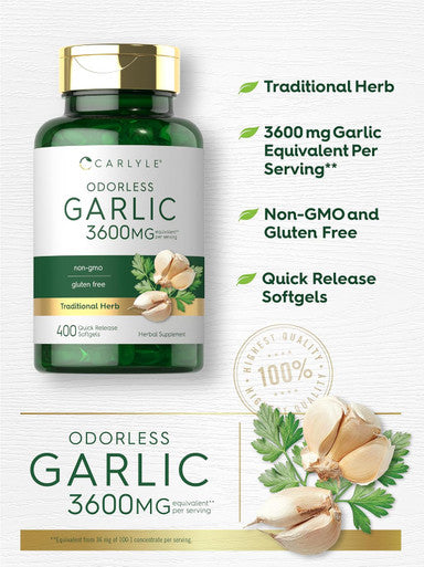 Carlyle Odorless Garlic Softgels 3600 mg | 400 Count | Allium Sativum Bulb | Non GMO Gluten Supplement