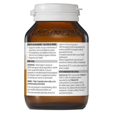 Blackmores Cod Liver Oil 1000 Mg 80 Capsules, Vitamin A + Vitamin D + Omega-3, Made In Australia