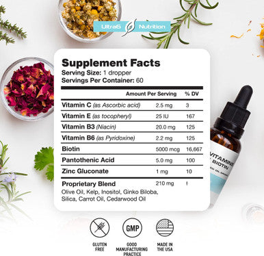 Liquid Biotin with Hair Vitamins, Vitamin C, Organic Coconut Oil, Vitamin E + Vitamin B6. For Hair Skin + Nails and Immunity Support. A Biotin Liquid + Hair Oil Supplement