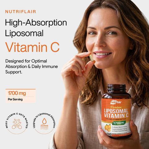 NutriFlair Liposomal Vitamin C 1700mg 180 Capsules High Absorption Fat Soluble VIT C Higher Bioavailability Immune System Support and Collagen Booster NonGMO Vegan Pills