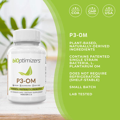 P3-OM - Proteolytic Probiotic and Prebiotic Supplement - Contains Lactobacillus Plantarum OM - Can Provide Immune Support - May Help Improve Gut Health to Help with Bloating and Gas, 120 Capsules