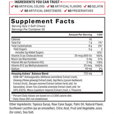 Force Factor Amazing Ashwa for Relief, Memory, Focus, and Immune Support Health, Ashwaganda Supplement with KSM-66 Ashwagan for , 60 Soft Chews