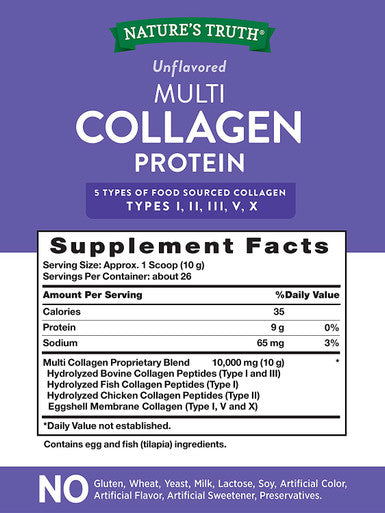 Nature's Truth Multi Collagen Powder | 9 oz | Type I, II, III, V, X | Hydrolyzed Collagen Peptide Protein Powder | Keto and Paleo Friendly | Unflavored | Gluten