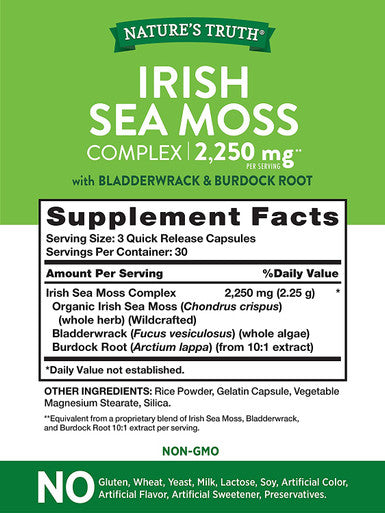 Irish Sea Moss Complex | 90 Capsules | Non-GMO & Gluten Supplement | with Bladderwrack & Burdock Root | by Nature's Truth