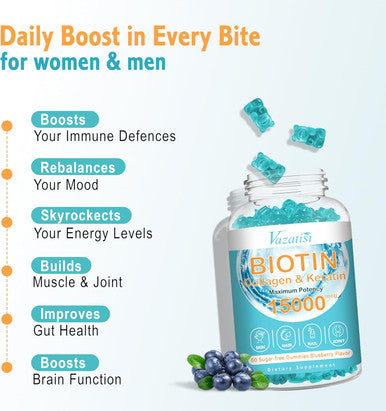 15000 Mcg Biotin With Collagen Gummies, Hair Skin And Nails Gummies, Vitamin C Zinc For Women Men Muscle Joint & Immunity - Blueberry Flavor, 2 Pack 120 Ct