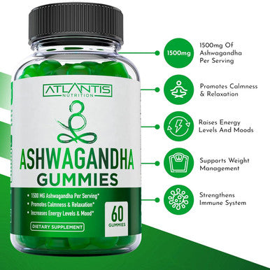 Atlantis Nutrition Ashwagandha Gummies - 1500 Mg Per Serving - Promotes Calmness, Improves Mood, Boosts Energy Levels & Strengthens Immune System - Formulated With Vitamin D & Zinc - Vegan Ashwagandha Gummies 60 Count
