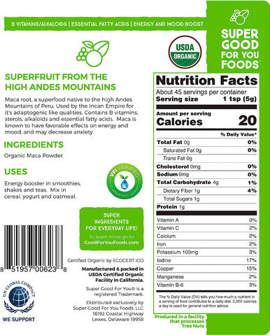 Super Good For You Foods Organic Raw Maca Powder, Gluten-Free, Non-GMO + Vegan, 8 Ounce Bag