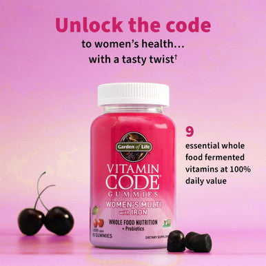 Garden of Life Women's Multivitamin Gummy with Iron Folate Biotin D3 & B12 for Hair Skin & Nails + Probiotics for Immune Health & Digestion Vitamin Code Non-GMO Gluten-Free 90 Cherry Gummies 30 Day Supply