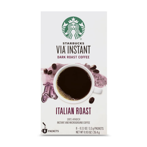 Starbucks VIA Instant Coffee, Dark Roast Coffee, Italian Roast, 100% Arabica, Single-Serve, 1 Box (50 Packets) | 100% Arabica instant coffee packets; Italian Roast dark roast; 1 box, 50 packets