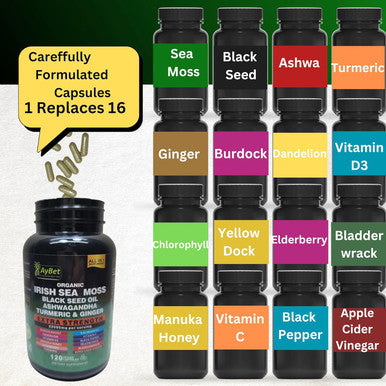 Organic Irish Sea Moss 8000Mg, Black Seed Oil 6000Mg, Ashwagandha 2000Mg, Turmeric 2000Mg, Bladderwrack 2000Mg, Burdock 2000Mg, Ginger, Vit C&Vit D3, Elderberry, Manuka, Dandelion, Yellow Dock