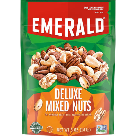 Emerald Salted Deluxe Mixed Nuts (1-Pack) | 5oz Resealable Bulk Bag | Cashews, Almonds, Walnuts, Brazil Nuts, Pecans | Plant-Based Protein | No Artificial Flavors, Preservatives, or Synthetic Colors