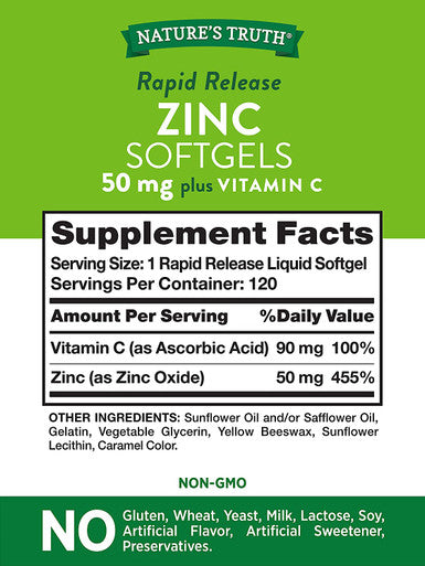 Zinc with Vitamin C | 50mg | 120 Softgels | Non-GMO & Gluten Supplement | by Natures Truth