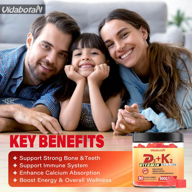 Sugar Vitamin D3 K2 Gummies 5000Iu With Calcium, Magnesium And Zinc For Bone, Teeth, Muscle, Natural Peach Flavor, Vegan, 90 Chewable Gummies