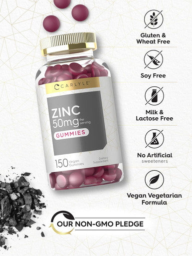 Carlyle Zinc 50Mg Gummies 150 Count Vegan, Non-Gmo And Gluten Formula Zinc Citrate Dietary Supplement