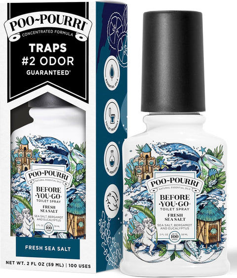 PooPourri BeforeYouGo Toilet Spray Fresh Sea Salt 2 Fl Oz Up to 100 Uses Bathroom Odor Deodorizer with Essential Oils for Home or Work Travel Essentials TSA Approved Size Sea Salt Bergamot