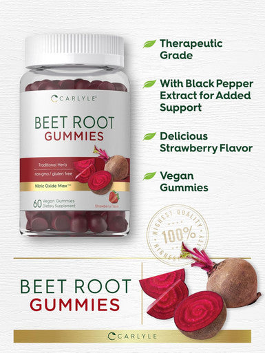 Carlyle Beet Root Gummies | 60 Count | Vegan Strawberry Flavored Chewable Supplement | Non-GMO Gluten