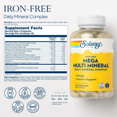 Solaray Iron-Mega Multi Mineral - Daily Mineral Complex W/Calcium, Magnesium, Zinc And More, Absorbable Chelated Forms, Energy And Immune Support, 60-Day , 50 Servings, 200 Capsules