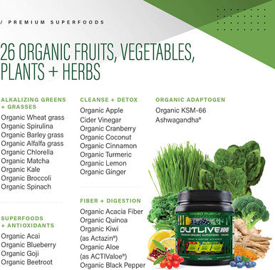 Kaged Muscle Outlive 100 Organic Superfoods and Greens Powder with Apple Cider Vinegar, Antioxidants, Adaptogen, Prebiotics,(Apple Cinnamon, 30 Servings)