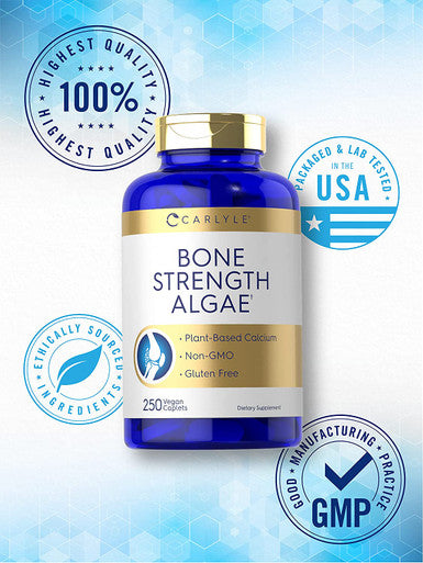 Bone Strength Algae Supplement | 250 Vegan Caplets | Plant-Based Calcium with Vitamin K2, D3, Magnesium | Non-GMO, & Gluten Free | by Carlyle
