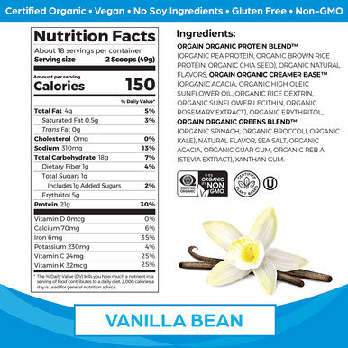 Orgain Organic Protein Greens Vegan Protein Powder Vanilla Bean 21g of Plant Based Protein Gluten NonGMO 1.94 Pound 1 Count Packaging May Vary