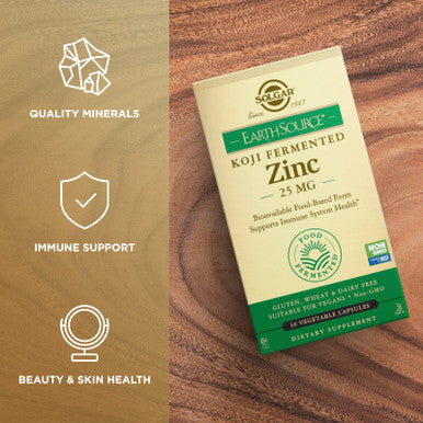 Solgar Earth Source Food Fermented Koji Zinc 25Mg 30 Vegetable Capsules - Higher-Absorption Bioavailable Zinc For Immune & Skin Health - Non-Gmo Vegan No Gluten No Dairy Kosher - 30 Servings