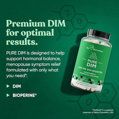 Eu Natural DIM Supplement Pure 200 Mg for Women or Men Estrogen Hormone Balance Supplement for Energy Fatigue Stress Menopause Hot Flashes Enhanced Bioavailability BioPerine 60 Vegan Soft Capsules