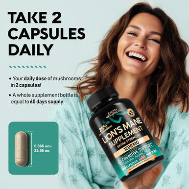 NUTRAHARMONY Organic Lions Mane - Certified Mushroom Supplement - Made In Usa - Fruiting Bodies Extract - 1200 Mg, 25% Polysaccharides - Memory & Focus - As Lions Powder, Liquid - 120 Capsules, 2 Month Supply