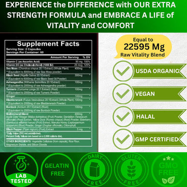Organic Irish Sea Moss 8000Mg, Black Seed Oil 6000Mg, Ashwagandha 2000Mg, Turmeric 2000Mg, Bladderwrack 2000Mg, Burdock 2000Mg, Ginger, Vit C&Vit D3, Elderberry, Manuka, Dandelion, Yellow Dock