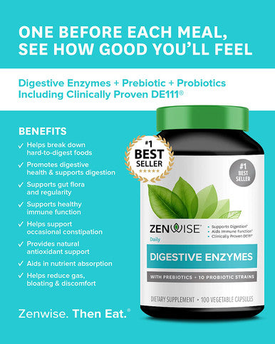 Zenwise Digestive Enzymes Probiotics and Prebiotics Digestion and Bloating Relief for Women and Men Lactose Absorption with Amylase Bromelain 100 Count