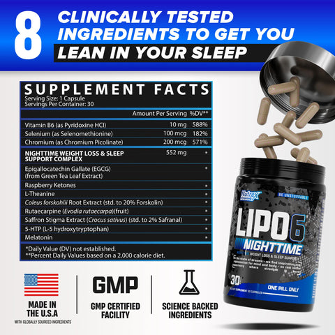 Nutrex Lipo 6 Nighttime Fat Burner Melatonin Sleep Aid & Weight Loss Diet Pills For Men And Women Night Time Metabolism Booster Appetite Suppressant 30 Servings (1)