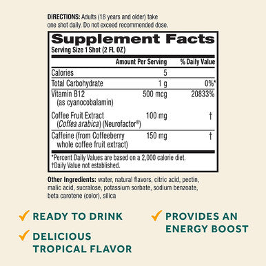 Neuriva Brain Energy Shots Nootropic Brain Supplement for Focus Concentration with Neurofactor Vitamin B12 150mg Caffeine for an Energy Boost 12 Count Tropical Flavor
