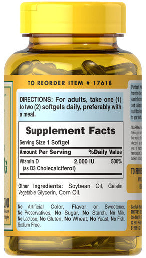 Vitamin D3 50mcg (2,000 IU) Bolsters Immune Health by Puritan's Pride for Support of Immune Health and Healthy Bones and Teeth 200 Softgels