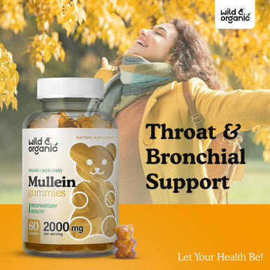 Wild & Organic Mullein Gummies Daily Dietary Supplement for Respiratory Digestive Support and Immune Booster Vegan Non GMO Verbascum Thapsus Herbal Extract 2000mg 60 Chews