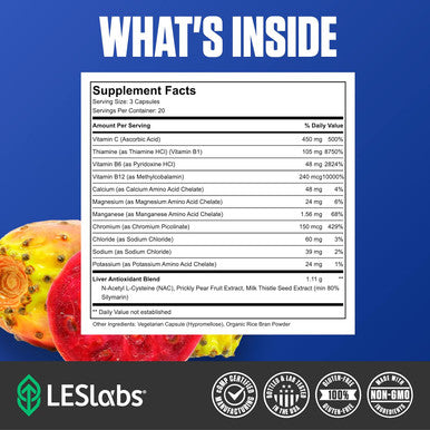 Les Labs DeToxx Better Mornings & Recovery Liver Support Electrolyte Replenishment & Glutathione Support Prickly Pear Milk Thistle & NAC Non-GMO Supplement 60 Capsules