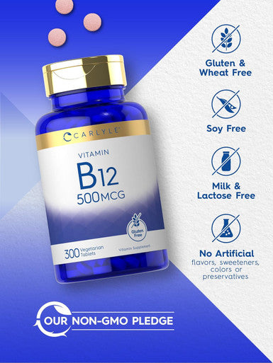 Carlyle Vitamin B-12 500mcg | 300 Tablets | Vegetarian Non-GMO Gluten Supplement