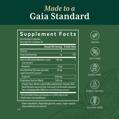 Gaia PRO Daytime HPA - Adaptogen & Nervine Supplement for & Adrenal Health Support - Ashwagan, Organic Holy Basil, Oats, Rhodiola & Schisandra - 60 Vegan Liquid Phyto-Capsules (30 Servings)