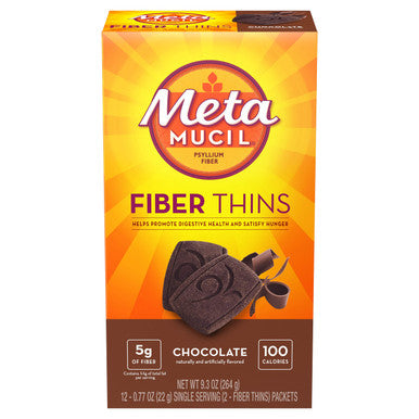 Metamucil Fiber Thins, Psyllium Husk Fiber Supplement, Digestive Health Support And Satisfy Hunger, Chocolate Flavored, 12 Servings