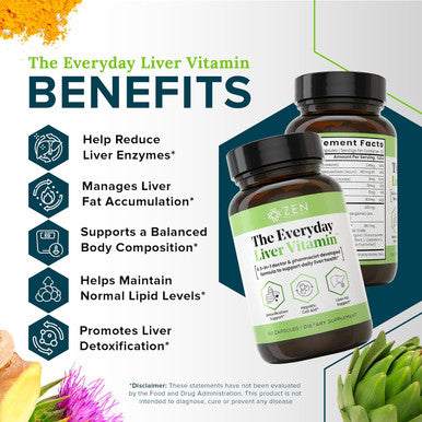 Zen Nutrients The Everyday Liver Vitamin - Liver Cleanse Detox & Repair With Bergacyn Ff, Organic Milk Thistle, Dandelion Root & Artichoke Extract For Liver Health - Fatty Liver Support Supplements