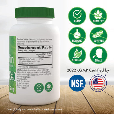 Natural Astaxanthin as AstaZine 12mg NonGMO SoyFree Gluten Free 30 Softgels