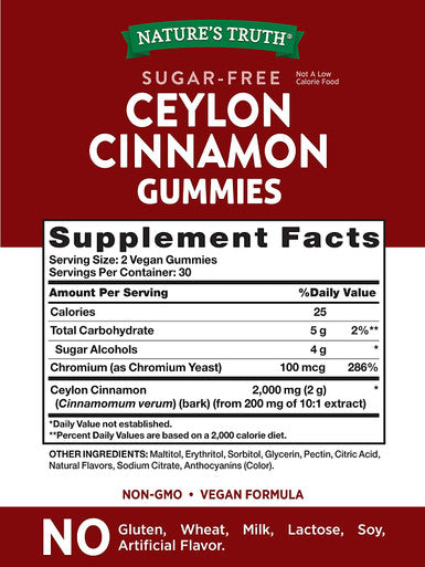 Ceylon Cinnamon Gummies | 2000mg | 60 Count | Vegan, Non-GMO & Gluten Supplement | Sugar | by Nature's Truth