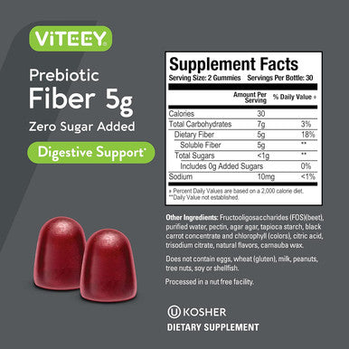Prebiotic Fiber Gummies For Adults, 5G - Zero Sugar Added - Fiber Supplement Gummies For Digestive Health Regularity & Natural Weight Support - Vegan, Gelatin - Chewable Fruit Flavored Gummy