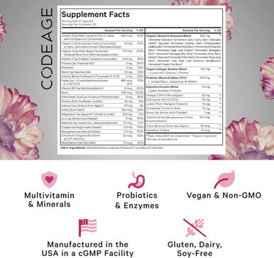 Codeage Women S Daily Multivitamin, 25+ Vitamins & Minerals, Fermented, Organic Whole Foods, Probiotics Supplement - Vitamin A, Vitamin B, Vitamins C, D, E & K, Omega 3, Zinc Vegan - 120 Capsules