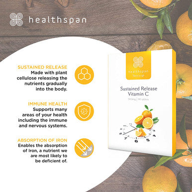 Healthspan Vitamin C Sustained Release 500mg (3 Months' Supply) | to Support Your Immune and Nervous Systems | Added zinc to Support Cognitive Function | Vegan