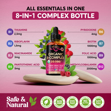 NUTRAHARMONY Usda Organic Vitamin B-Complex B5 Pantothenic Acid | B12 Methylcobalamin | B1 Thiamine | B6 Pyridoxine | B7 Biotin | B9 Folic | B3 Niacinamide - B Complex Liquid Drops, Made In Usa Supplement, 2Fl Oz